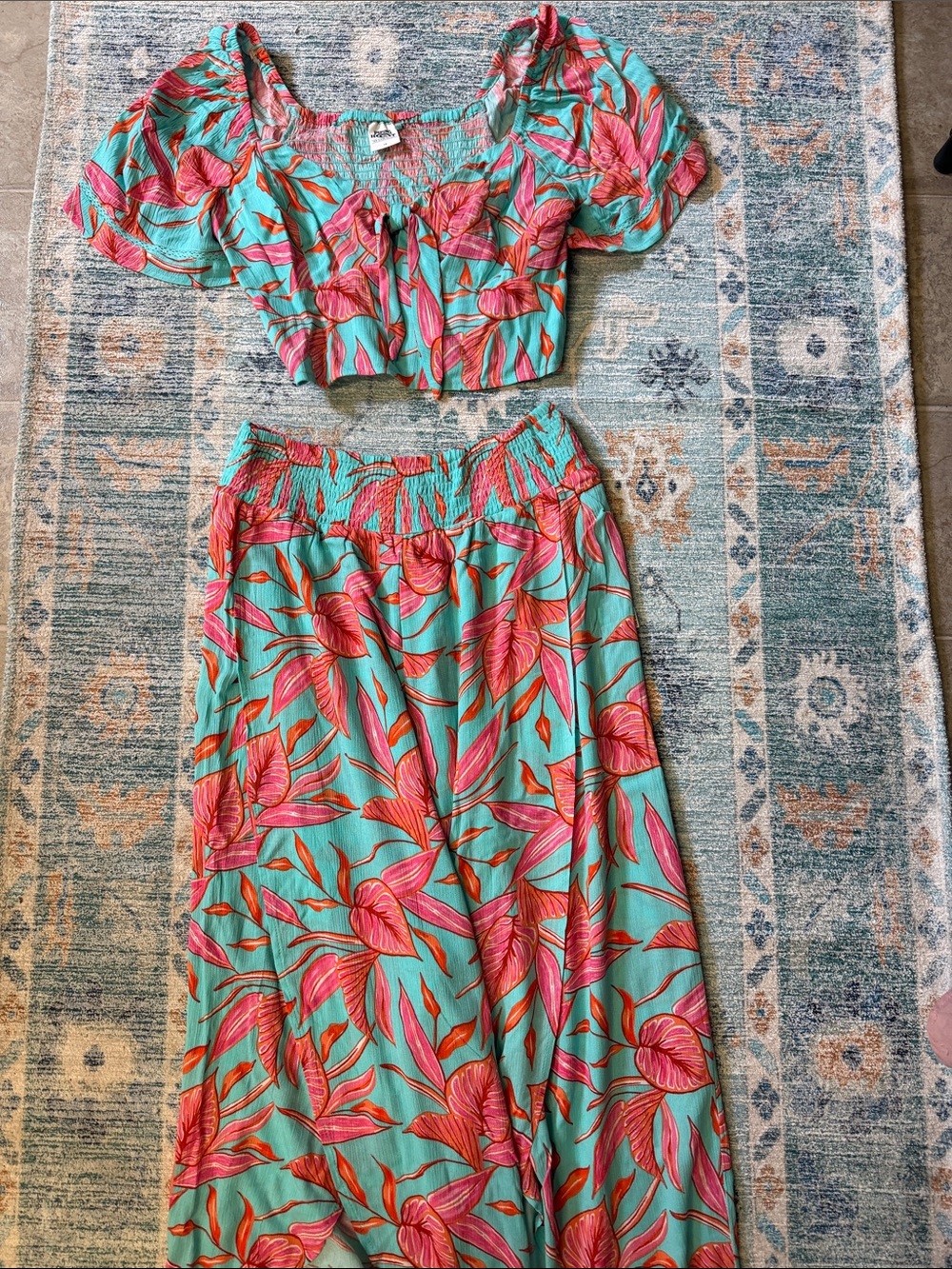 Tropical Two-Piece Crop Top & Skirt Set - Turquoise with Pink Floral